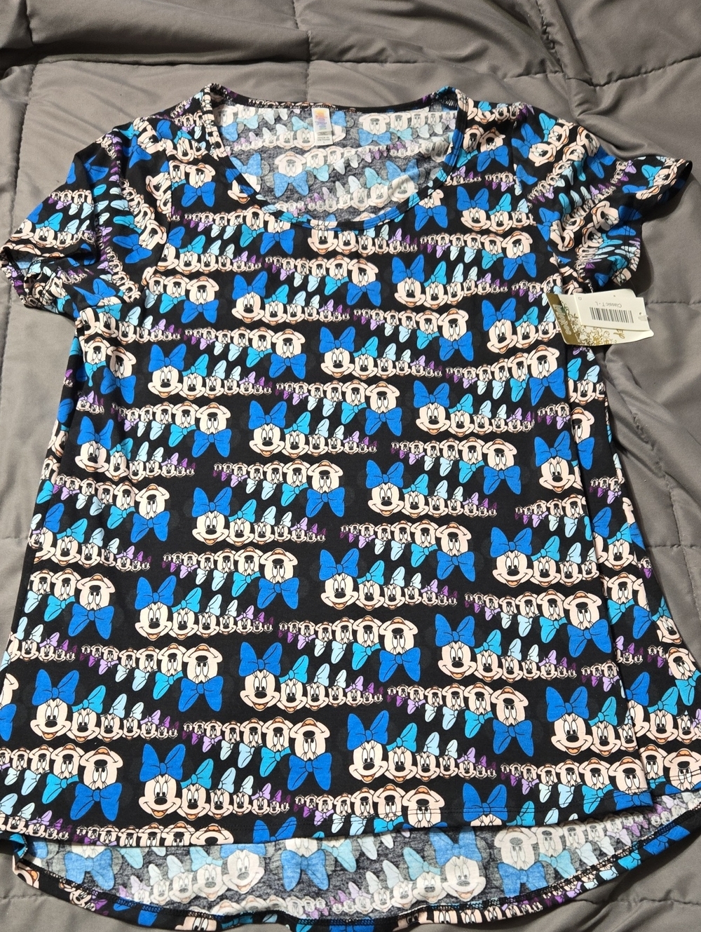 LuLaRoe Black Top with Blue and Cream Minnie Mouse Print